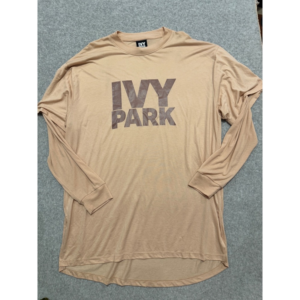 Ivy Park Womens XL Long Sleeve Graphic Logo Tee Tan Beige High Low Oversized